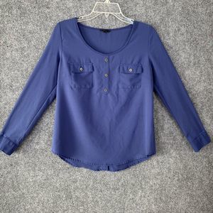 Mine Pullover Blouse Sz S Button Flyaway Back Blue Long Tab Roll Sleeves Career